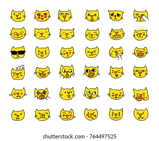 Emoji sticker set cat head yellow color, different emotions, muzzle. Drawn by hand.