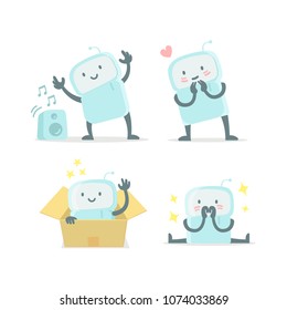 Emoji sticker set Icon. Baby robot toy cute small new robot surprised and shy. Very cute for child toy. Flat color vector illustration