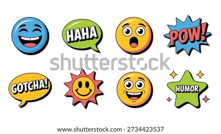 Emoji sticker vector icons with smiley faces, laugh text badges, wow expression, starburst pops, playful humor graphics for chat