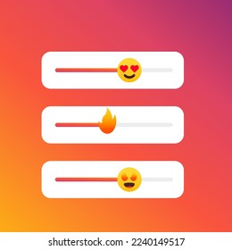 Emoji Stories social media sticker slider. Social Media gradient background icon template. Social media Stories screen user interface button design, fire, anger, liked. Vector illustration