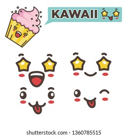 Emoji strawberry cream cupcake kawaii emotion sticker vector surprised and charmed faces stars and tongue hearts eyes and smile pastry food or bakery product feelings positive and friendly character.