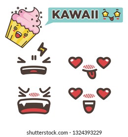 Emoji strawberry cupcake kawaii emotion sticker angry annoyed and in love faces thunderstorm and fangs hearts instead of eyes tongue pastry food or bakery product feelings stress and affection
