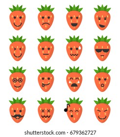 Emoji strawberry set. Strawberry icons on the white background. Flat cartoon style. Vector illustration.
