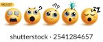 Emoji stress emoticon characters vector set. Emojis emoticons in stress, thinking, dizzy, tired, sleepy and asking facial expression character graphic elements collection. Vector illustration emojis 