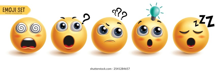 Emoji stress emoticon characters vector set. Emojis emoticons in stress, thinking, dizzy, tired, sleepy and asking facial expression character graphic elements collection. Vector illustration emojis 