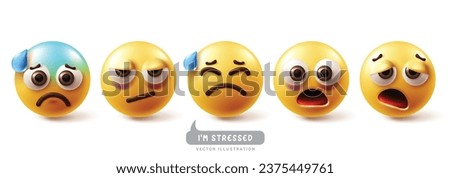 Emoji stress emoticon characters vector set. Emojis emoticons in stress, nervous, worried, tired, scared and depressed facial expression character elements collection. Vector illustration emojis 