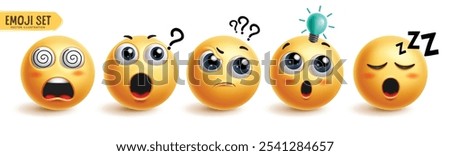 Emoji stress emoticon characters vector set. Emojis emoticons in stress, thinking, dizzy, tired, sleepy and asking facial expression character graphic elements collection. Vector illustration emojis 