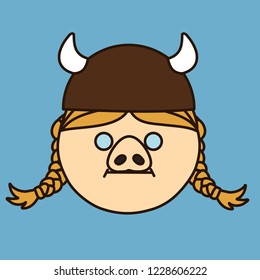 emoji with strong independent redhead viking pig woman with pigtails that is wearing a horned helm, simple hand drawn emoticon, simplistic colorful picture, vector art with pig-like characters