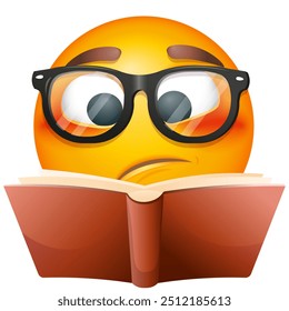 Estudante de Emoji sobre fundo branco. Emoticon com óculos está lendo um livro. Emoticon bonito. De volta à escola.