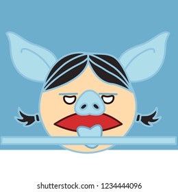 emoji with stupid frozen pig girl with her ice blue tongue stuck to a cold metal rod at the snowy street in the winter, simple hand drawn emoticon, simplistic colorful picture, eps 10 vector clip art