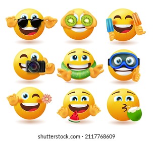 Juego de vectores de caracteres de verano emmoji. Emoticonos en caras lindas con frutas de verano, postres y objetos tropicales para la temporada de vacaciones los emojis afrontan el diseño de la colección. Ilustración vectorial.
