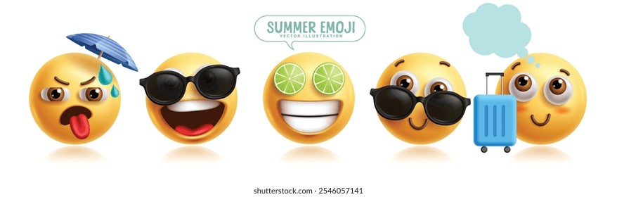 Emoji verão personagens conjunto vetorial. Verão emojis personagem clip art com guarda-chuva, óculos de sol, limão, bagagem, feliz, sorrindo e desfrutar de elementos gráficos 3d. Ilustração vetorial da estação tropical