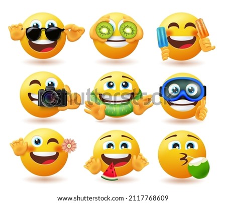 Emoji summer characters vector set. Emoticons in cute faces with summer fruits, desserts and tropical objects for holiday season emojis faces collection design. Vector illustration.
