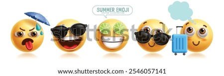 Emoji summer characters vector set. Summer emojis clip art character with umbrella, sunglasses, lime, luggage, happy, smiling and enjoy 3d graphic elements. Vector illustration tropical season