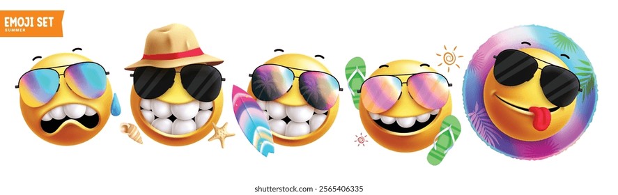 Emoji summer clipart characters set. Emojis character wearing sunglasses with beach elements and facial expressions for tropical season. Vector illustration summer vacation emoticons clip art 