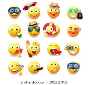 Emoji Summer Emoticon Vector Set. Emoticons In Yellow Icon With Summer Character Beach And Travel Elements Isolated In White Background For Avatar Collection Design. Vector Illustration
