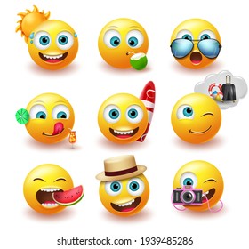 Emoji summer emoticon vector set. Emojis yellow icon with facial expression and beach element for tropical season character emoticons collection design. Vector illustration