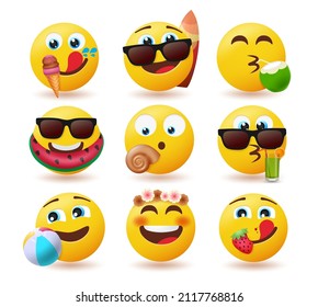 Emoji summer emoticon vector set. Emojis characters with summer elements of juice, fruits and floater for tropical season cute emoticons collection. Vector illustration.
