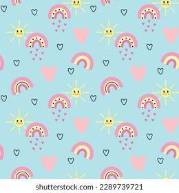 Emoji sun, rqinbow and heart seamless pattern. Cute cartoon colorful rainbow with heart rain repeat on blue background. Doodle kids style. Vector illustration.