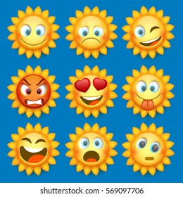 Emoji sun and sad icon set. Vector illustration