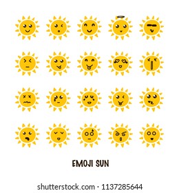 Emoji sun set. Summer emoticons with different emotions. Vector illustration isoalted on white background.