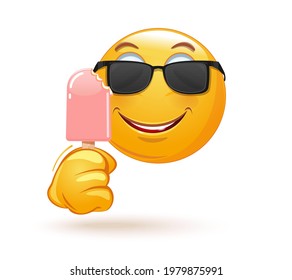 Emoji in sunglasses holding a bitten off ice cream on a stick. Happy emoticon face eating ice cream. Vector illustration