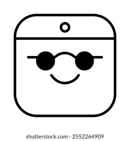 Emoji em óculos de sol Ilustração vetorial. Esta imagem vetorial retrata um rosto de emoji minimalista usando óculos escuros redondos com um sorriso largo. O desenho é incluído num retângulo arredondado.