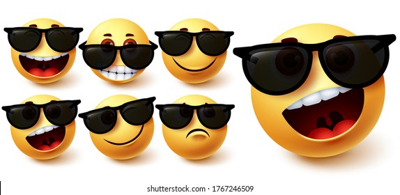 Emoji in sunglasses vector set. Emoji character wearing glasses with different facial expression like cute, naughty, crazy and cool for social media summer character design. Vector illustration.