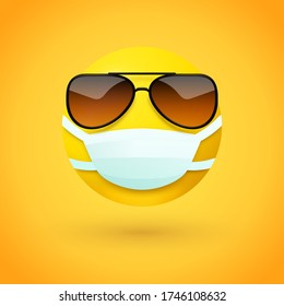 Emoji with sunglasses wearing mouth mask - yellow face with open eyes wearing a white surgical mask