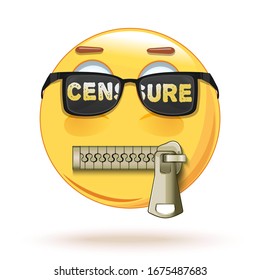 Emoji in sunglasses with the words: censorship. Zipped mouth. Emoticon in goggles. Vector illustration