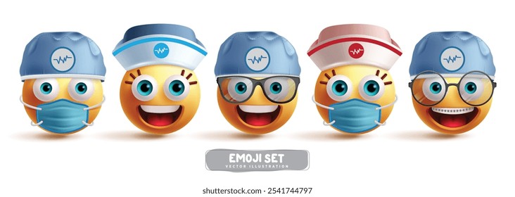 Conjunto de Vectores de personajes de cirujano de emoji. Emojis médicos y enfermeras emoticonos con sombrero quirúrgico y Elementos de máscara facial para Elementos gráficos. Conjunto de disfraces de cirujano de emojis de Ilustración vectorial