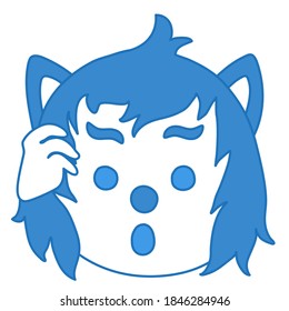emoji with surprised character that is covering his face with his palm with wide opened mouth and raised eyebrows which indicate that wolf encountered an unexpected surprise, hand drawn emoticon