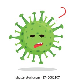 Emoji surprised COVID-19 coronovirus with a red question mark above his head. Green round with spikes. Isolated vector illustration on a white background with a shadow under the character.