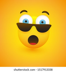 Emoji with Surprised Face, Open Mouth and Eyes with Sunglasses - Simple Emoticon on Yellow Background - Vector Design Illustration