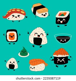 Emoji sushi characters.Cartoon japanese food. Vector set sushi cartoon characters. Funny characters sushi. Vector illustration isolated on white background