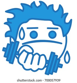 emoji with sweat drops that is working out or physically exercising or weight training by lifting dumbbells with his hands, simplistic facial expression vector illustration, simple hand drawn emoticon