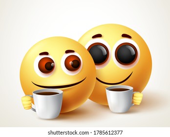 Emoji sweet couple drinking coffee vector characters. Emoji relaxing and drinking coffee or tea with sweet smile and gesture. Vector illustration.
