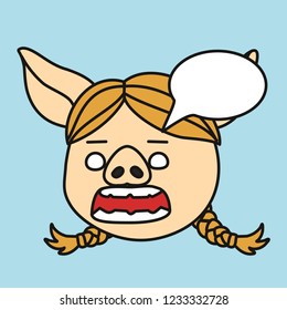 emoji with talking blonde pig woman character with pigtails & a comic speech bubble, simple hand drawn emoticon, simplistic colorful picture, vector art with pig-like characters