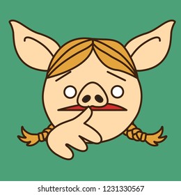 emoji with timidly uncertain pig woman who is quite unsure and cannot decide what to do while biting her nails, simple hand drawn emoticon, simplistic colorful picture, eps 10 vector clip art
