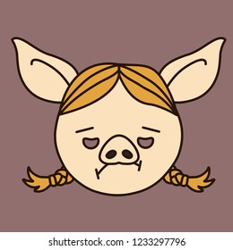 emoji with tired blonde pig gal with pigtails & sad expression on her face, simple hand drawn emoticon, simplistic colorful picture, vector art with pig-like characters