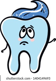 Emoji del diente A con pasta azul tiene manos de dos palos, y una cara linda con los ojos enrollados expresa tristeza sobre fondo blanco, vector, dibujo de color o ilustración.
