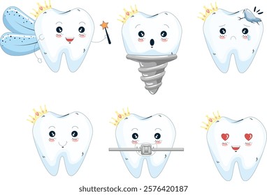 Emoji tooth with crown vector set design. Emojis teeth emoticon with cute kawaii and funny facial expression with crown on top vector