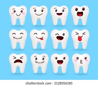 Emoji tooth vector set design. Emojis teeth emoticon with cute kawaii and funny facial expression for dental emoticons character face expressions. Vector illustration.
