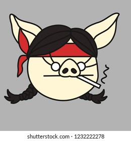 emoji with tough pig woman in bandana that is smoking a cigarette & living her life like a thug, simple hand drawn emoticon, simplistic colorful picture, vector art with pig-like characters