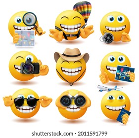 Emoji travel emoticons vector set. Emojis travelling characters with map, compass and hat explore and adventure elements for traveller character collection design. Vector illustration
