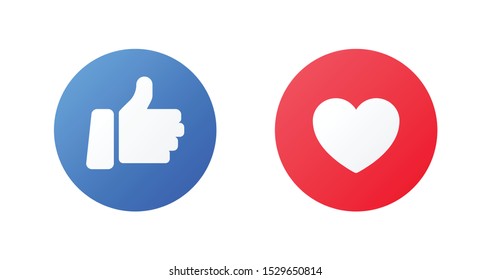 Emoji trumb up and like reactions. Hand and heard icon for social media in flat style. Emoticon good reaction in message and chat. Vector like round blue, red button