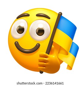 Emoji with Ukrainian flag. Smiled emoticon holding flag of Ukraine 3D vector icon