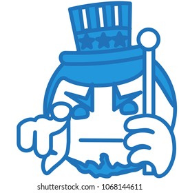 emoji with Uncle Sam pointing finger at you, usa mascot wants you for US army, american government or president personification in striped tophat with stars holding a cane, simple hand drawn emoticon