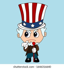 emoji with Uncle Sam pointing finger at you, usa mascot wants you for US army, american government or president personification in striped top hat with stars, simple colored emoticon