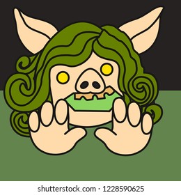 emoji with undead ghoul pig woman from zombie horror movie with rotten teeth seeking for your brains, simple hand drawn emoticon, simplistic colorful picture, vector art with pig-like characters